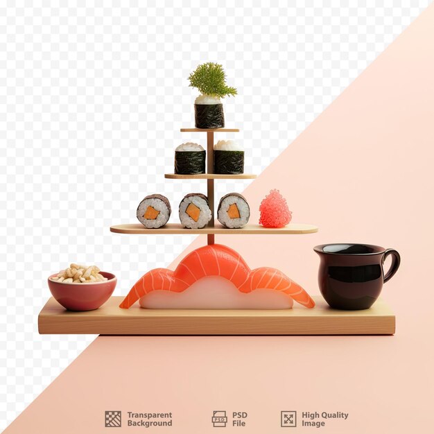 Eine ausstellung von sushi und sushi auf einem regal mit einem bild eines sushis darauf.