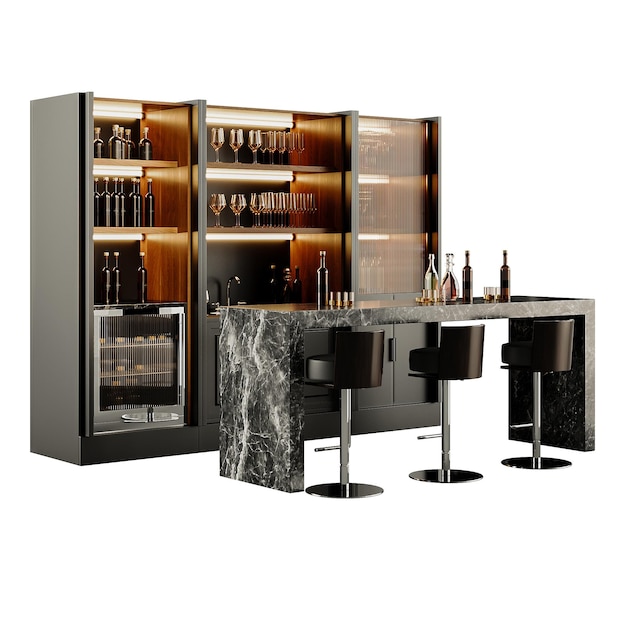 Eine Bar mit einer Marmorplatte und schwarzen Stühlen