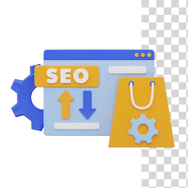 Eine blau-gelbe Webseite mit einer Einkaufstasche und einer Tasche mit dem Wort SEO darauf.