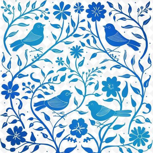 PSD eine blau-weiße wand mit einem vogel und blumen darauf