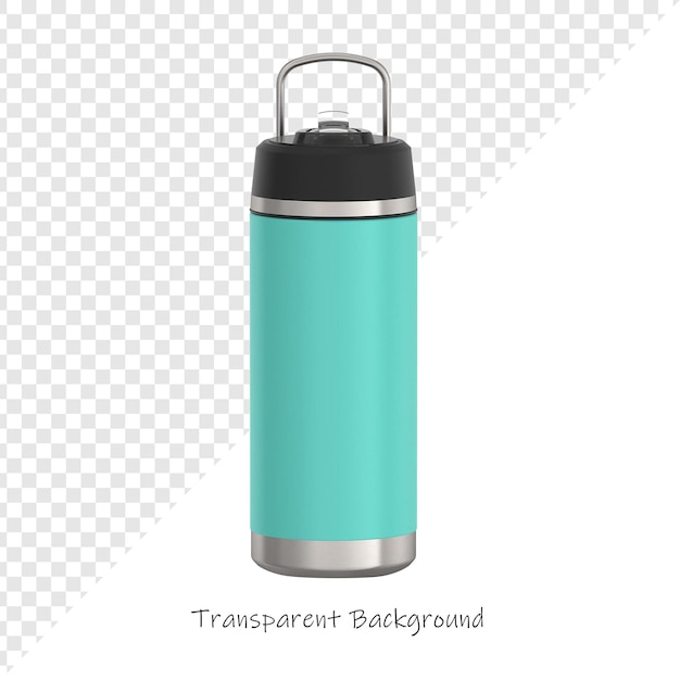 eine blaue und silberne Wasserflasche mit einem schwarzen Deckel, auf dem "transparent" steht