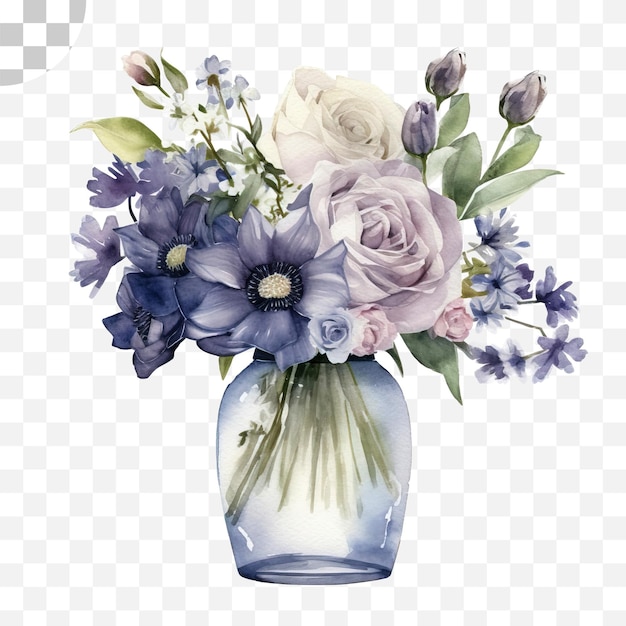 Eine Blumenvase mit lila und weißen Blumen auf transparentem Hintergrund.
