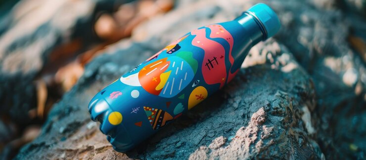 PSD eine bunte, wiederverwendbare wasserflasche mit einem lustigen abstrakten design