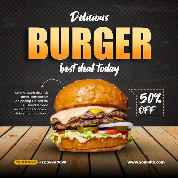 Eine burger-werbung für einen burger mit gelbem hintergrund