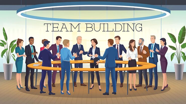 PSD eine cartoon-illustration einer teambuilding-aktivität mit teamarbeit