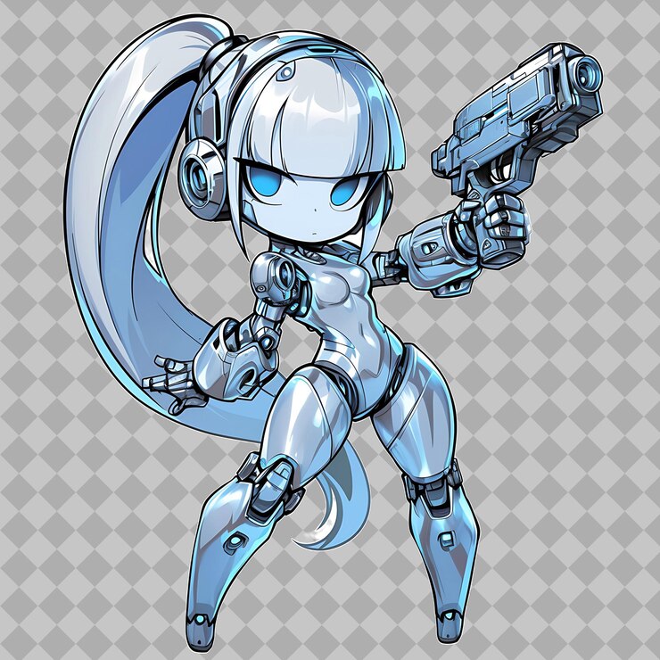 PSD eine cartoon-zeichnung eines roboters, der eine waffe und eine waffe hält