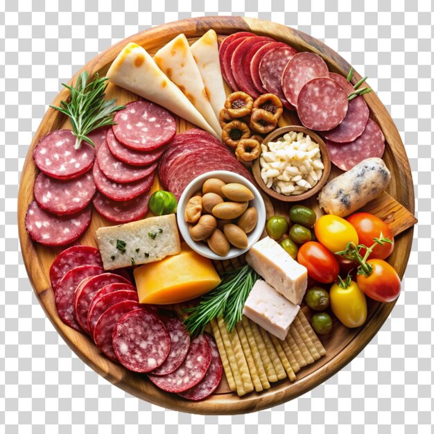 PSD eine charcuterie-tafel mit einer auswahl an fleisch und käse, die auf durchsichtigem hintergrund isoliert sind