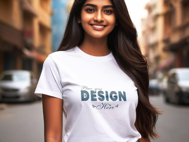 Eine dame in einem weißen t-shirt-mockup mit einem stehenden stadthintergrund