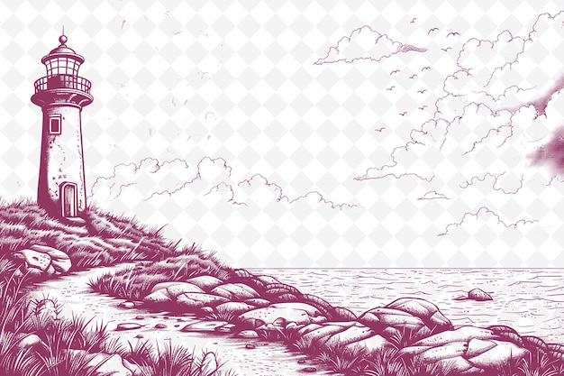 Eine digitale illustration einer strandszene mit dem meer und wolken im hintergrund