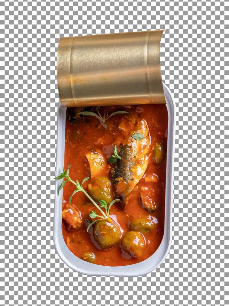 PSD eine dose fisch mit tomatensauce auf transparentem hintergrund