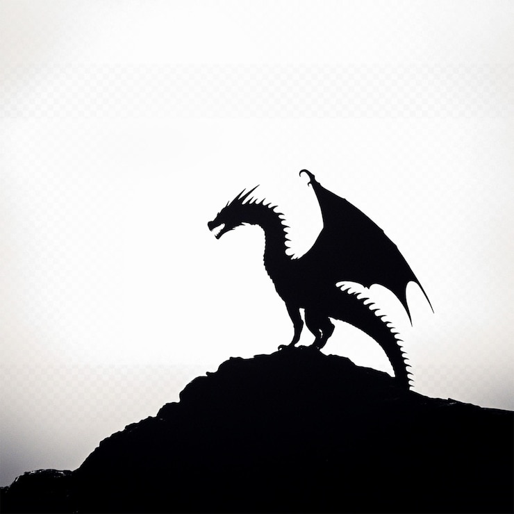PSD eine drachen-silhouette auf einem felsen