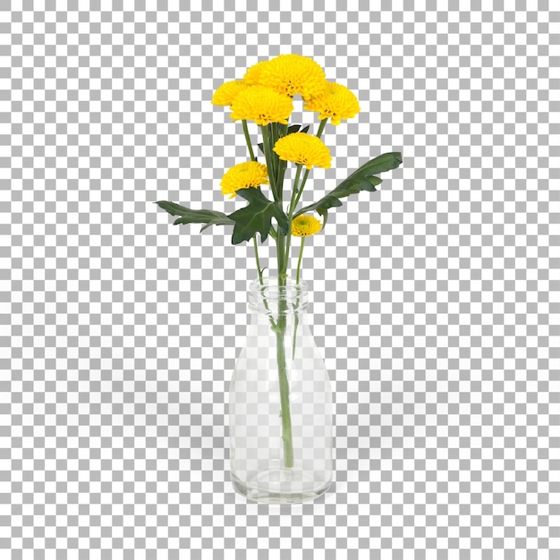 Eine durchsichtige Glasflasche mit lebendigen gelben Blumen zeigt ein einfaches, aber elegantes Blumenarrangement