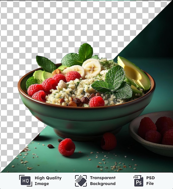 PSD eine durchsichtige, herzhafte quinoa-schüssel mit frischen himbeeren und grünen blättern, die auf einem blauen tisch mit einem silbernen löffel serviert wird