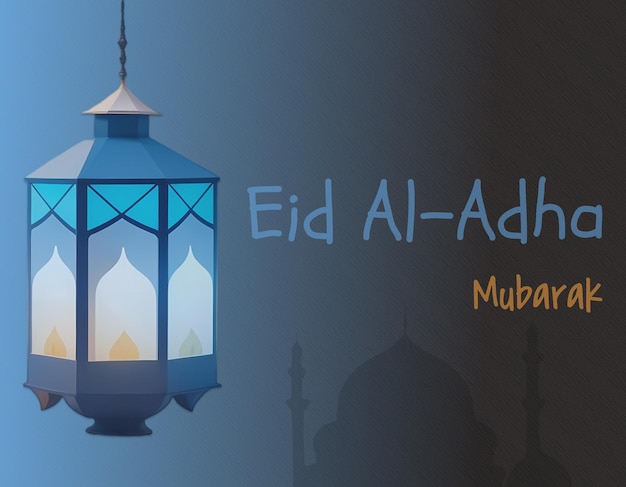 Eine Eid al-Adha-Grüßkarte oder ein Poster mit einer blauen Lampe und den Worten Eid al Adha darauf