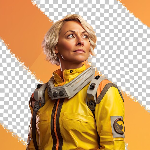 PSD eine eifersüchtige frau mittleren alters mit blonden haaren der indianischen ethnie, gekleidet in der kleidung eines spielentwicklers, posiert in einem dramatischen look upward-stil vor einem pastellgelben hintergrund