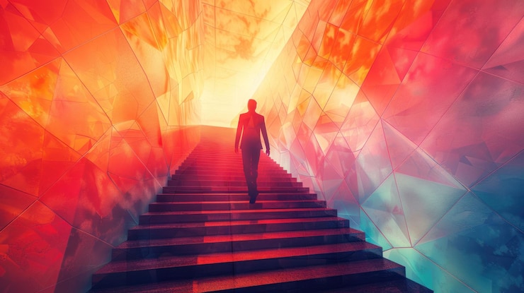 PSD eine einsame figur geht eine treppe hinauf zu einem hellen abstrakten farbenfrohen licht