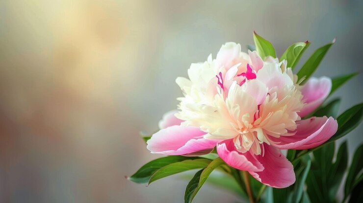 PSD eine einzelne rosa-weiße pioenblüte mit weichem hellen hintergrund