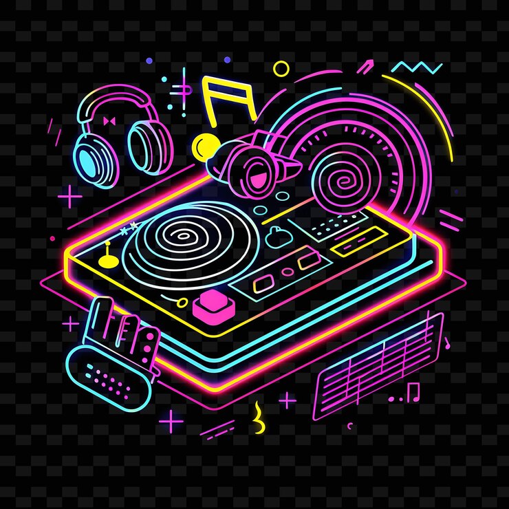 PSD eine farbenfrohe illustration eines djs mit kopfhörern und einem farbenfrohen hintergrund