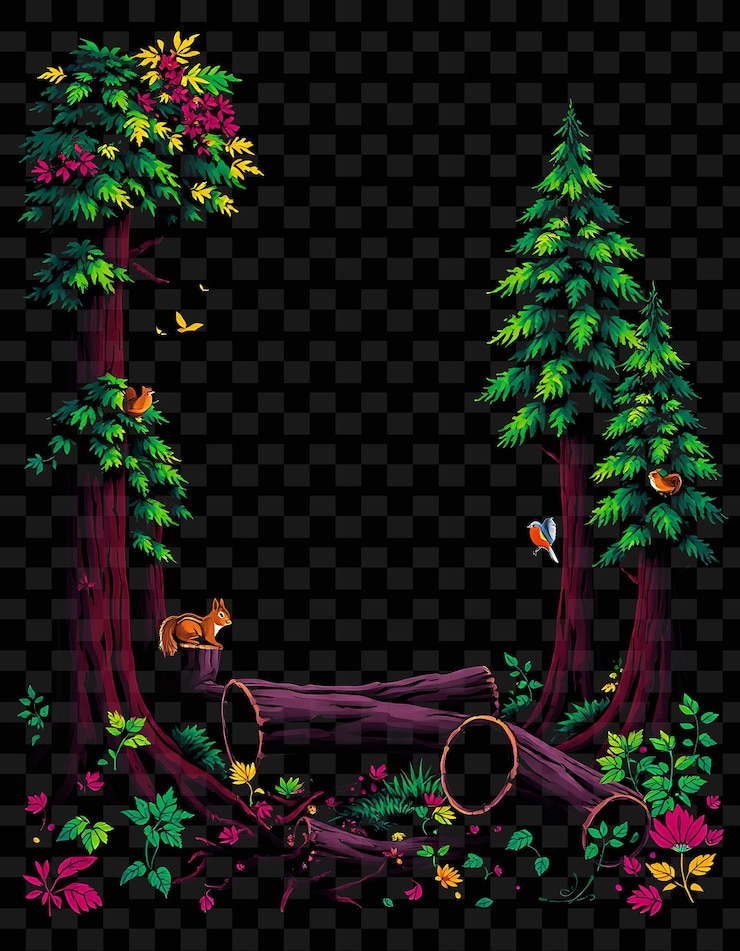 PSD eine farbenfrohe illustration eines waldes mit einem eichhörnchen an der spitze