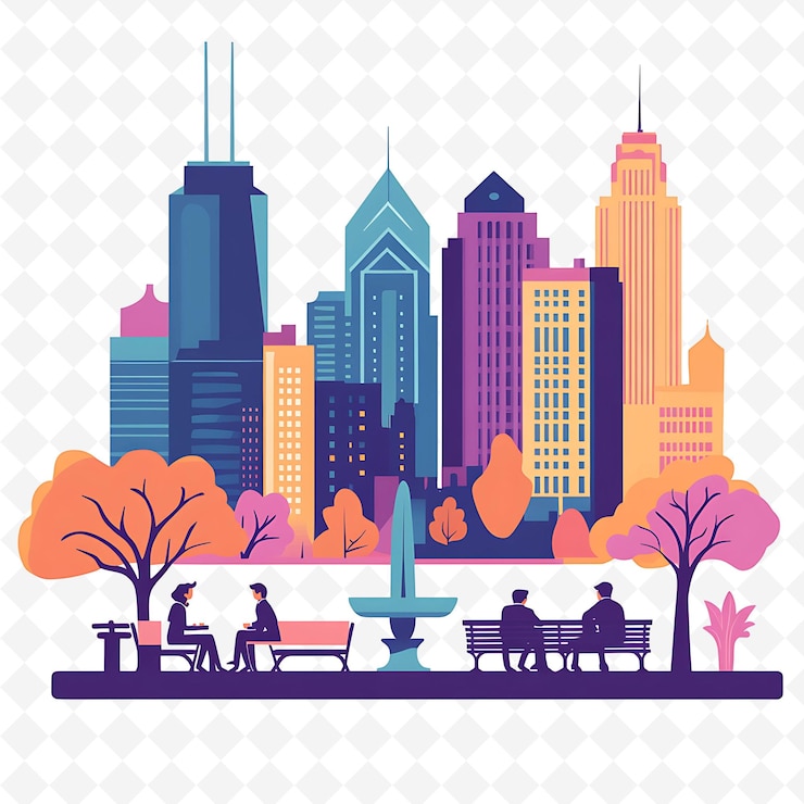 PSD eine farbenfrohe stadt-skyline mit einem paar, das auf einer bank sitzt