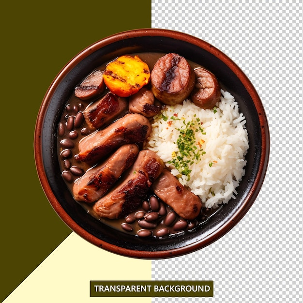 Eine Feijoada serviert auf einem Teller mit Reis und transparentem Hintergrund