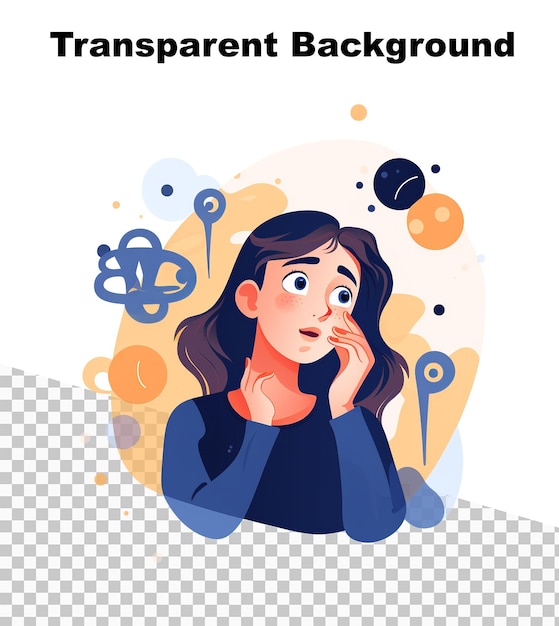 PSD eine flache farbillustration eines mädchens, das über etwas auf transparentem hintergrund nachdenkt