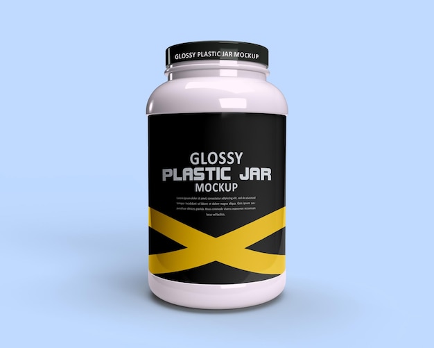Eine Flasche mit klarem Plastikglas ist auf blauem Hintergrund.