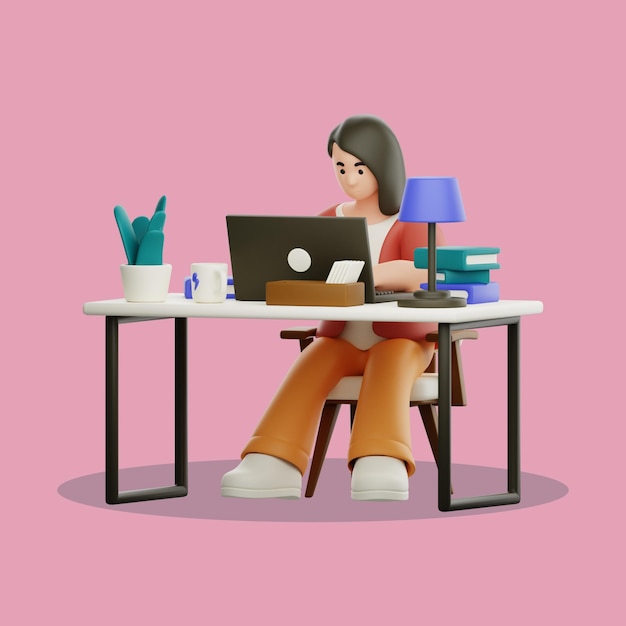Eine Frau arbeitet mit einem Laptop in ihrem Heimbüro im 3D-Cartoon-Stil