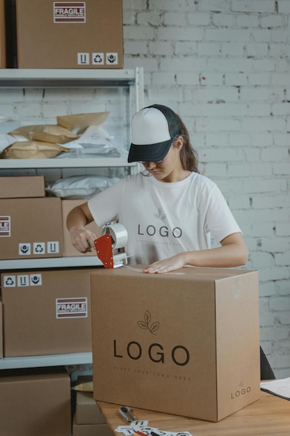 eine Frau bewegt eine Schachtel mit dem Wort Logo darauf