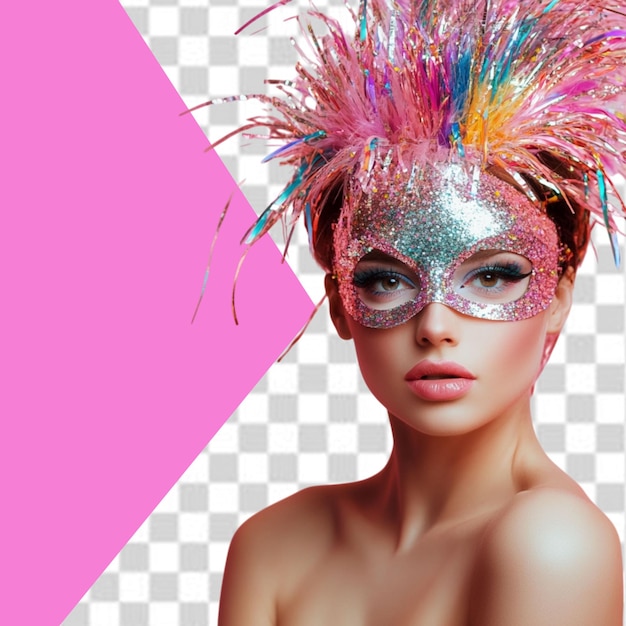 eine Frau, die eine Maske mit einem rosa Hintergrund und einem rosa hintergrund mit einem pinkfarbenen Hintergrund trägt
