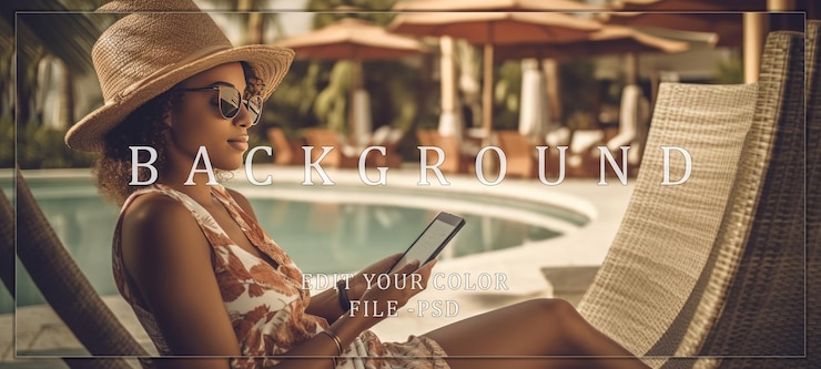 PSD eine frau entspannt sich am pool mit einem tablet