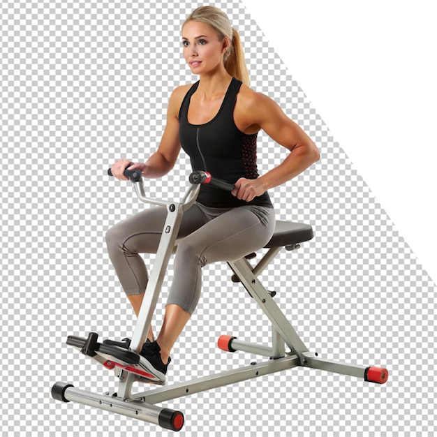 eine Frau fährt ein Trainingsfahrrad mit einem schwarzen Tanktop