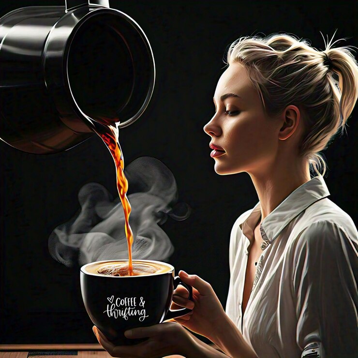 PSD eine frau gießt kaffee in eine schüssel mit einem zitat aus don't drink