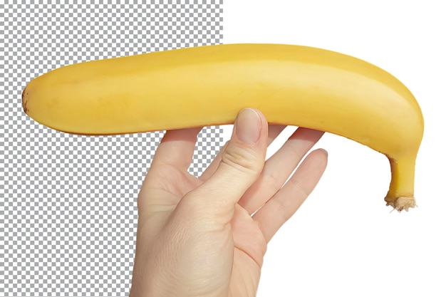 Eine Frau hält eine ganze Banane auf transparentem Hintergrund in der Hand Das Konzept der gesunden Ernährung