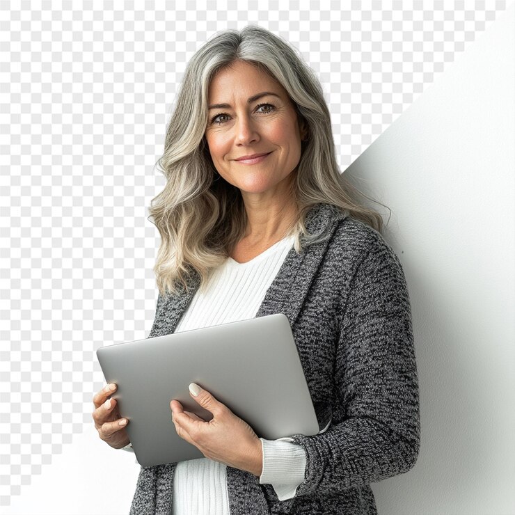 PSD eine frau hält eine tablette mit weißem hintergrund