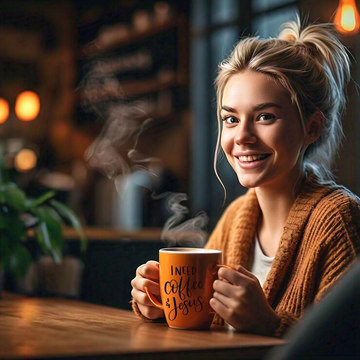 PSD eine frau hält eine tasse kaffee mit den worten go to the top on it