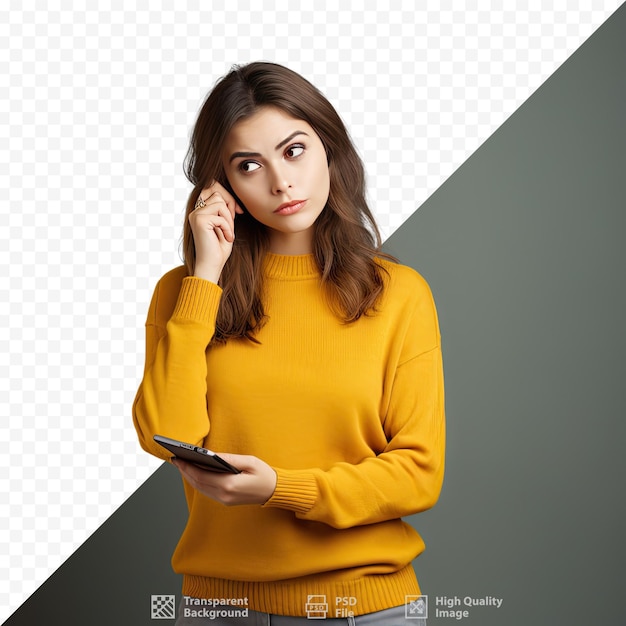 PSD eine frau in einem gelben pullover hält ein telefon und eine sms in der hand.