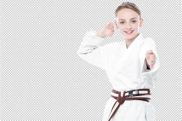 eine Frau in einem Kimono posiert mit einem Gürtel, auf dem steht, dass sie posiert