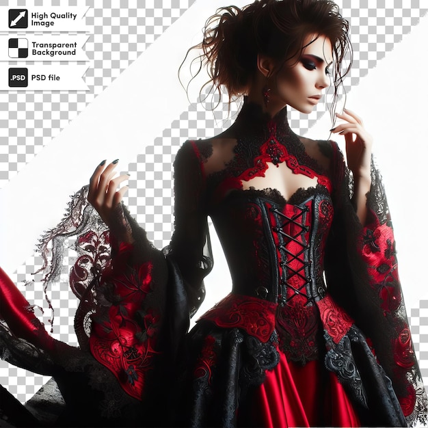 eine Frau in einem roten und schwarzen Kleid posiert für ein Foto