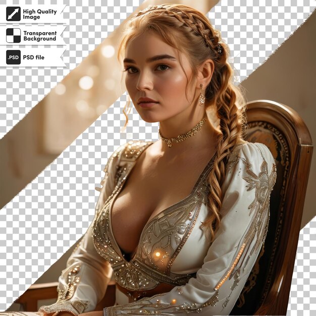 eine Frau in einem weißen Kleid sitzt vor einem Computerbildschirm