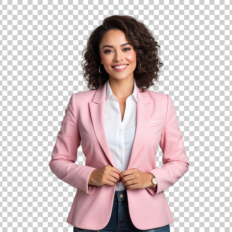 PSD eine frau in einer rosa jacke steht vor einem raster, auf dem steht: sie ist eine frau.