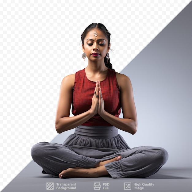 PSD eine frau in einer yoga-pose mit der aufschrift „meditieren“ auf der unterseite.