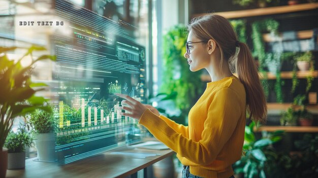 Eine Frau interagiert mit einem holographischen Daten-Display, das Grafiken und Diagramme anzeigt