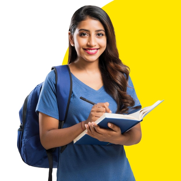 eine Frau mit einem blauen Rucksack hält ein Buch mit einem gelben Hintergrund