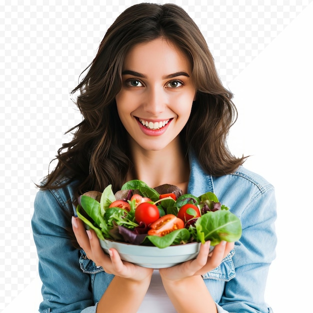 Eine frau mit einem gesunden lebensstil mit einer schüssel gemischten salat