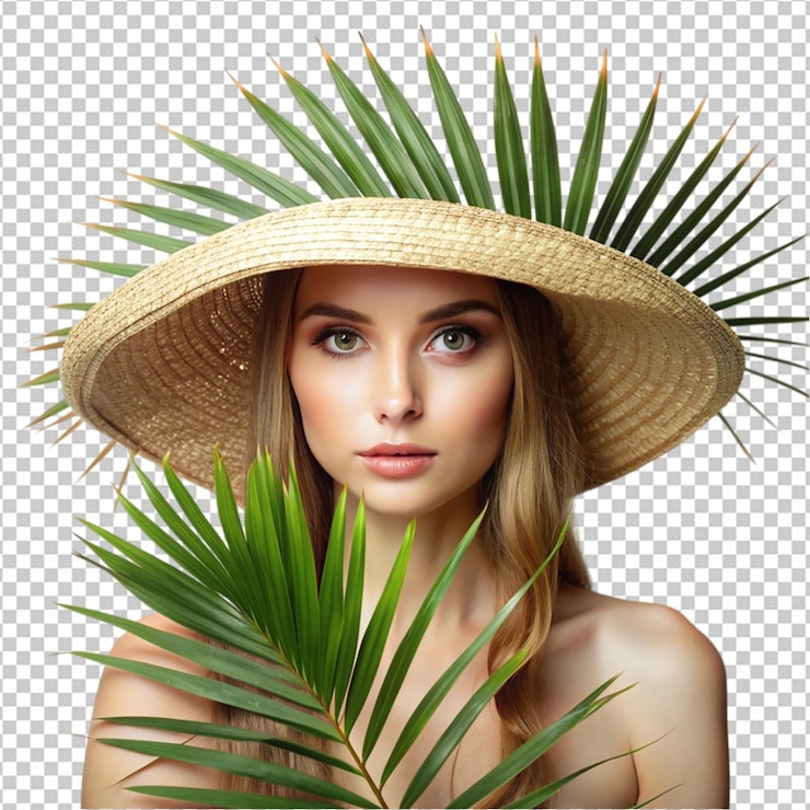 PSD eine frau mit einem strohhut mit einem palmblatt png