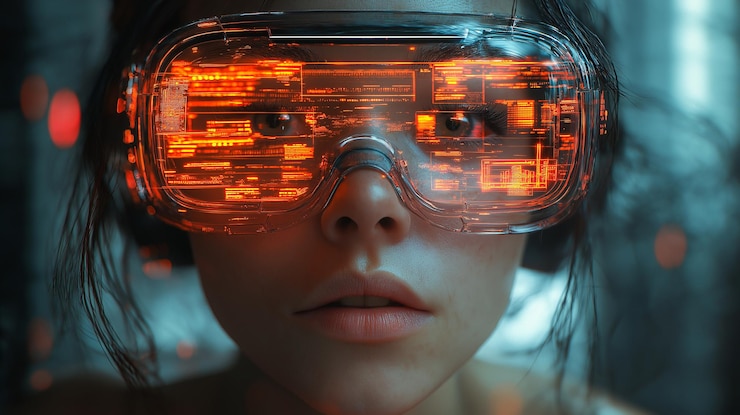 PSD eine frau mit einer virtuellen realitätsbrille mit dem wort technologie auf dem gesicht