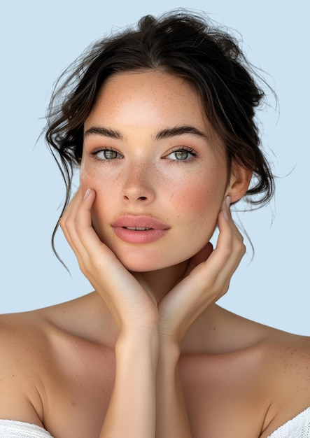 eine Frau mit Freckles auf ihrem Gesicht posiert für ein Foto