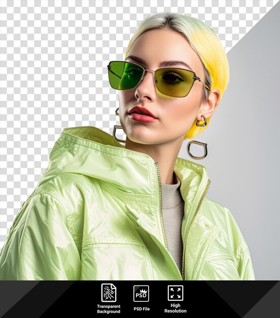 PSD eine frau mit gelbem haar und sonnenbrille, die eine grüne jacke und ein graues hemd trägt, die mit einem silbernen ohrring und einem rosa ohr im vordergrund sichtbar ist