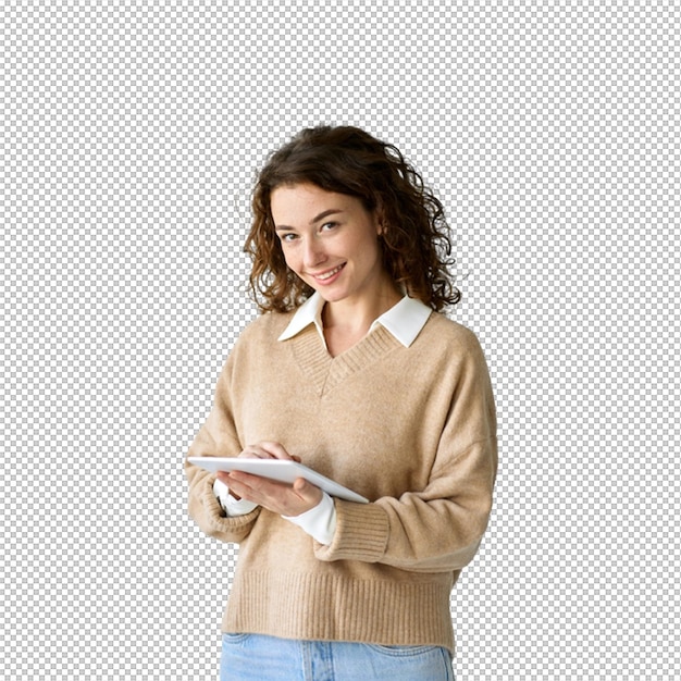 Eine Frau mit lockigem Haar lächelt, während sie ein Tablet benutzt